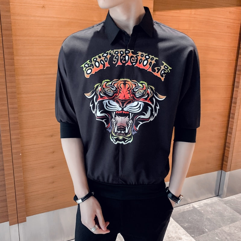 Tattoo Style Tiger Print Men Quarter Sleeve Shirt