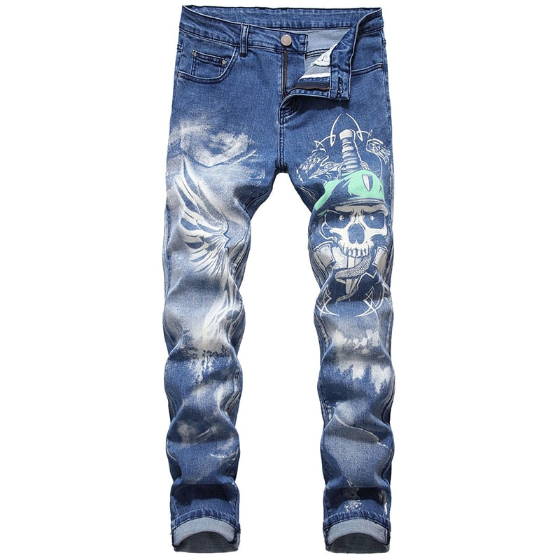 Blue with Skull Painted Print Slim Straight Style Men Jeans