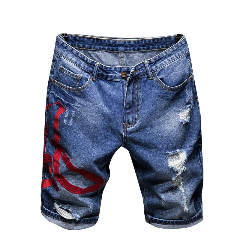 Blue Denim with Red Embroidered Ripped Summer Style Men Shorts