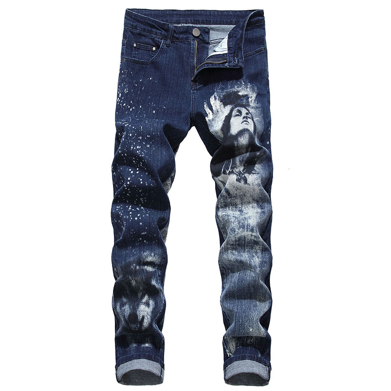 Blue Denim Beauty and Wolf Print Stretch Slim Casual Men Jeans