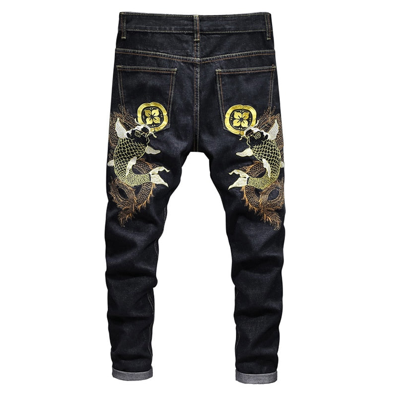 Yellow Carp Embroidery Men Dark Straight Jeans