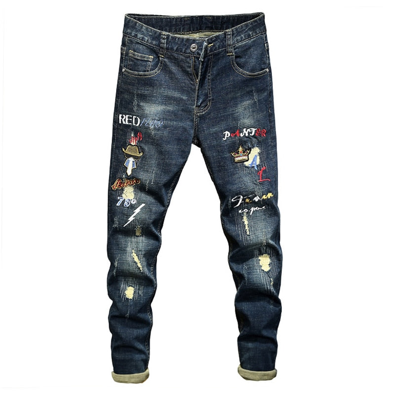 Cartoonish Patchwork Embroidery Men Slim Fit Jeans