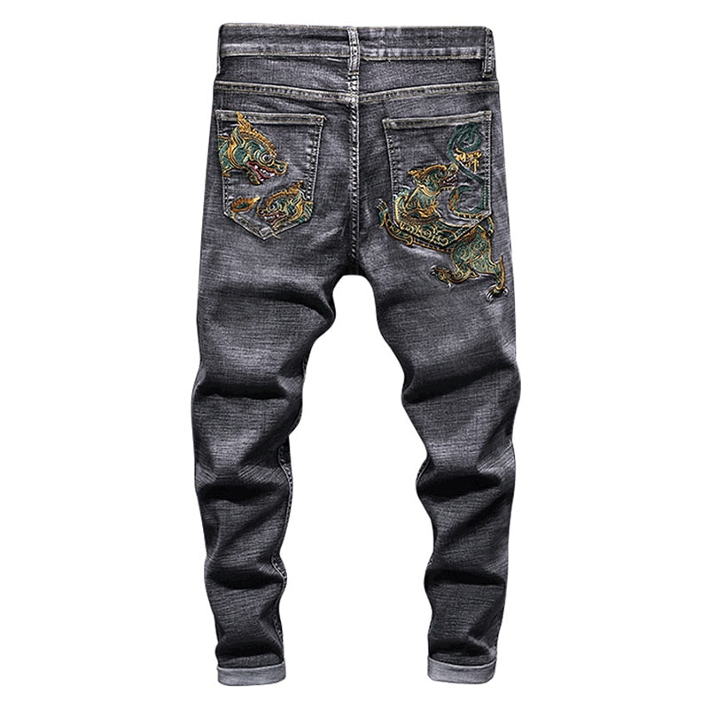 Dark Grey Colorful Dragon Embroidery Men Jeans