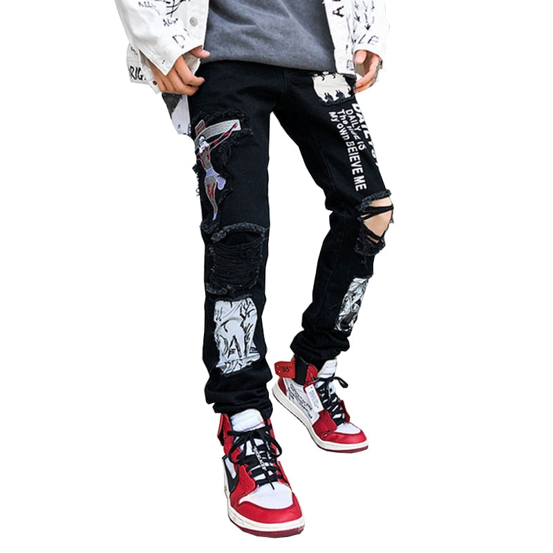 Crucifix Embroidery Patchwork Men Ripped Knee Jeans