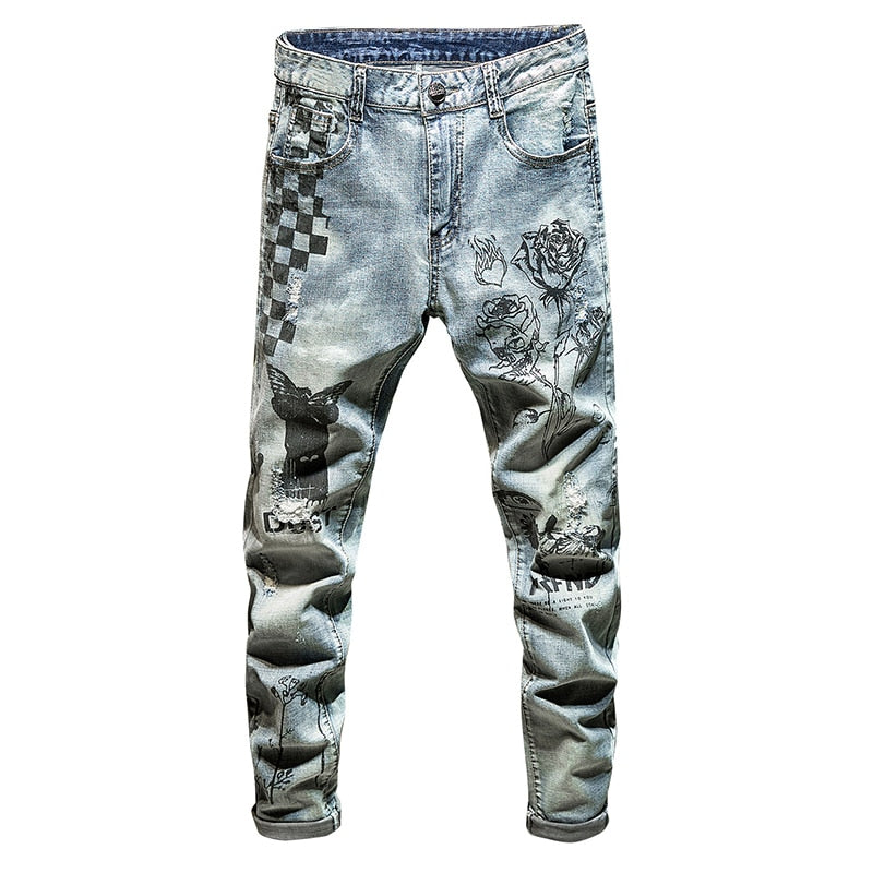 Checkerboard Rose Prints Men Slim Washed Jeans