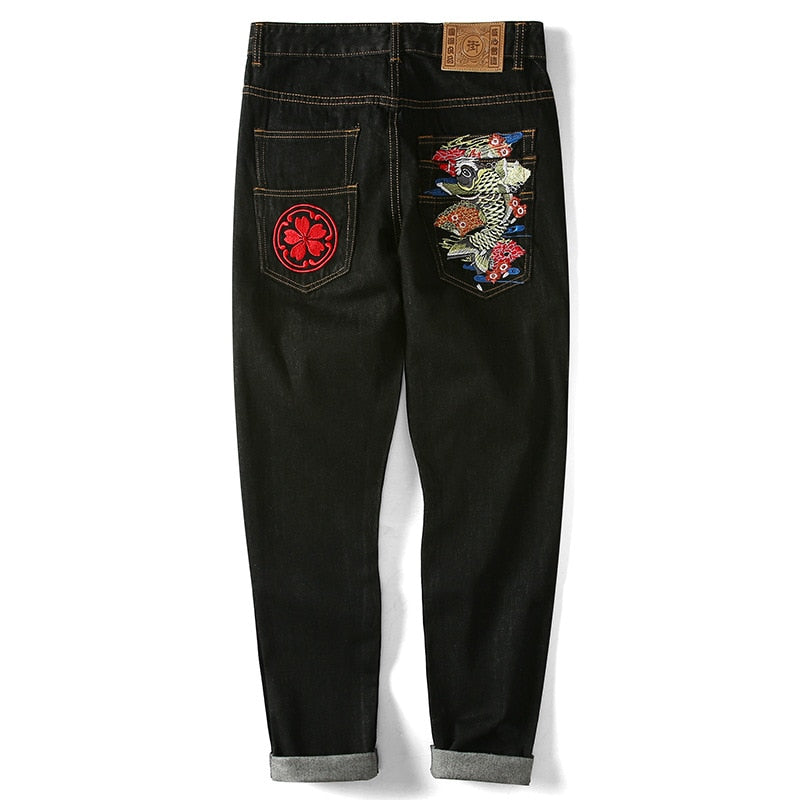 Chinese Style Fish Embroidery Denim Casual Men Jeans