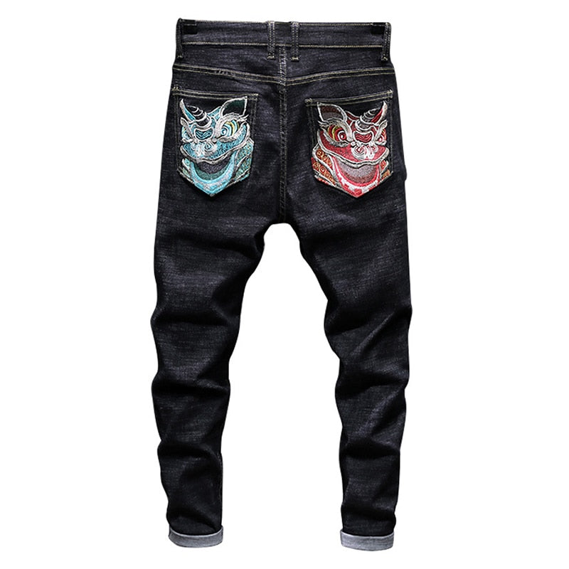 Lion Dance Embroidery Black Jeans Men Slim Fit