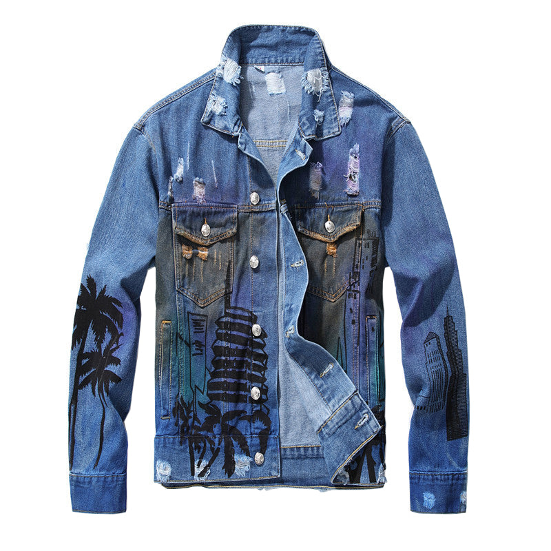 Tropical Hollywood Printed Men Distressed Denim Jacket