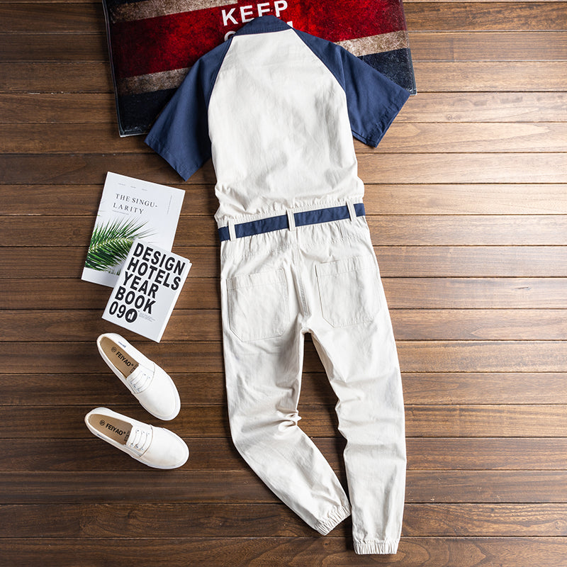 Contrast Color Lines Men Belted Denim Coveralls