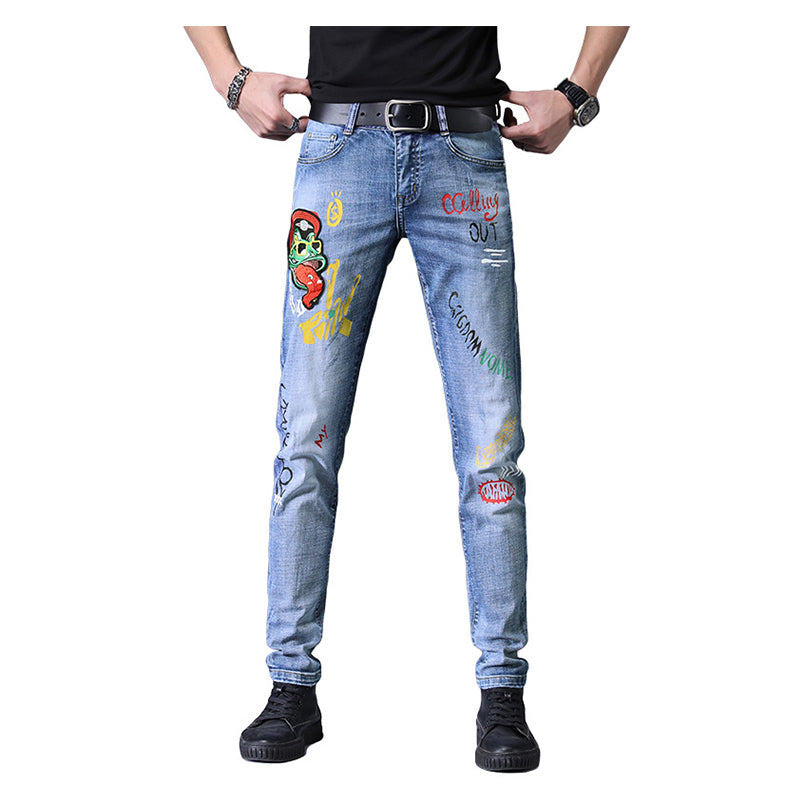 Printed Embroidery Patches Men Straight Fit Jeans