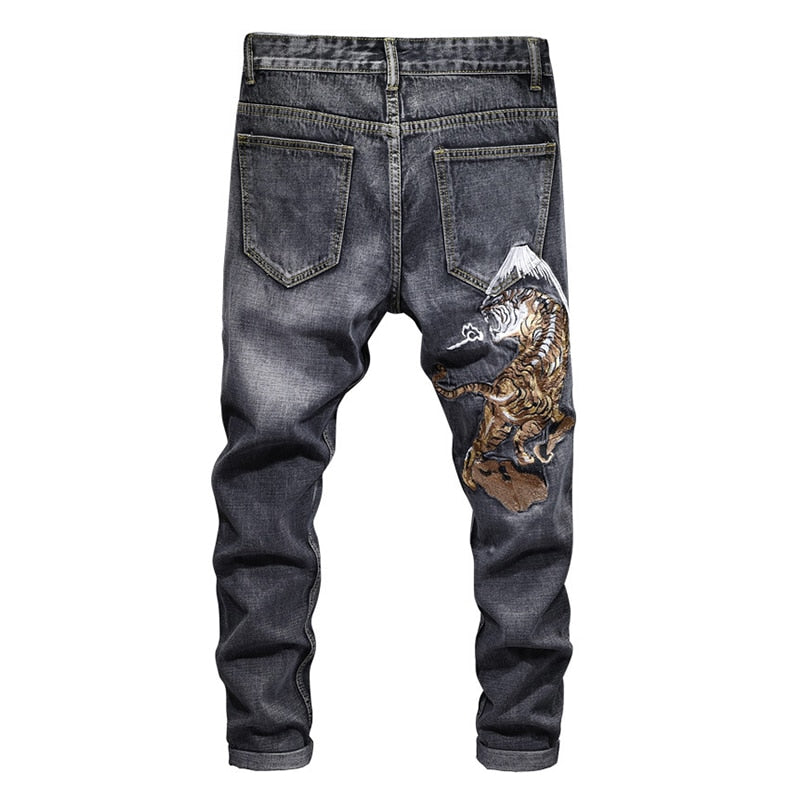 Bold Tiger Embroidery Men Grey Straight Jeans