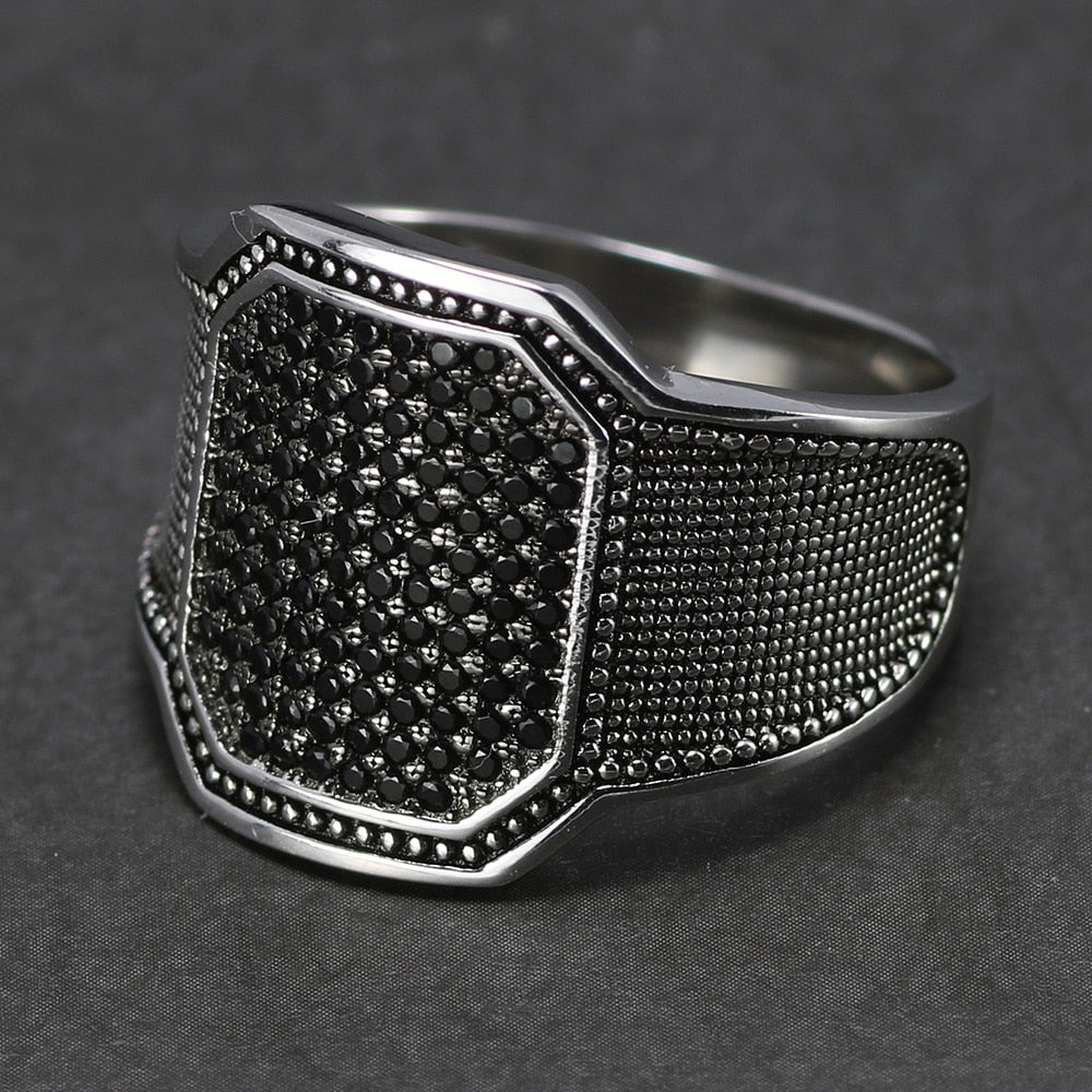 Silver Cool Retro with Black Stone Curved Design Men Fashion Rings