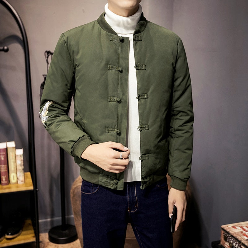 Solid Thick Stand Collar Oriental Style Men Jacket