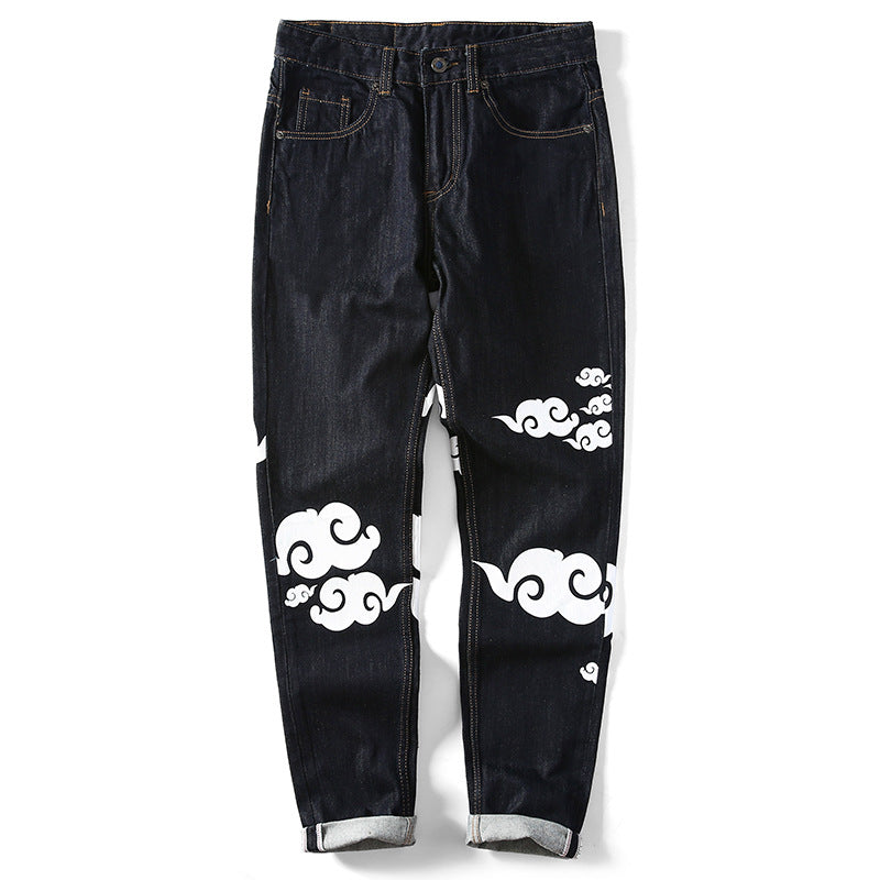 Dark Denim with White Cloud Printed Men Jeans