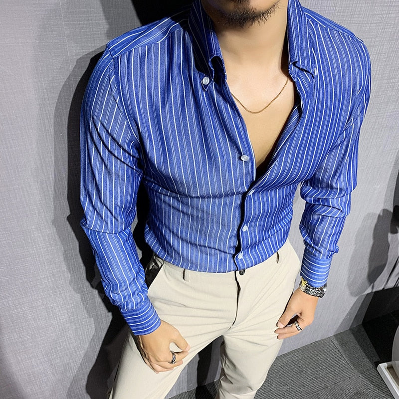 Vertical Stripes Azure Blue V Neck Shirt