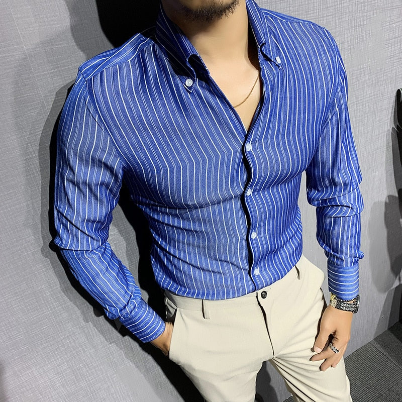 Vertical Stripes Azure Blue V Neck Shirt