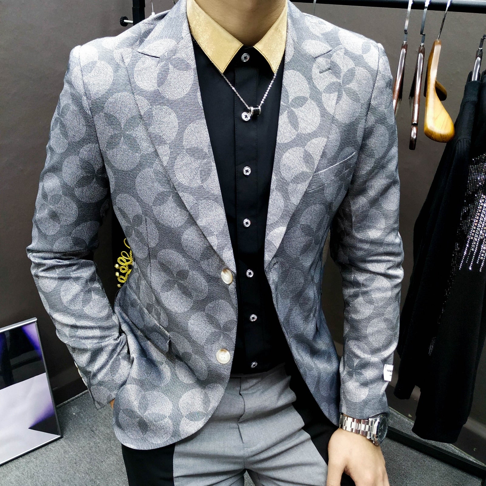 Gray Four Clover Pattern Blazer