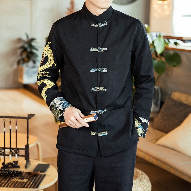 Chinese Style Dragon Embroidered Sleeves Men Jacket - FanFreakz