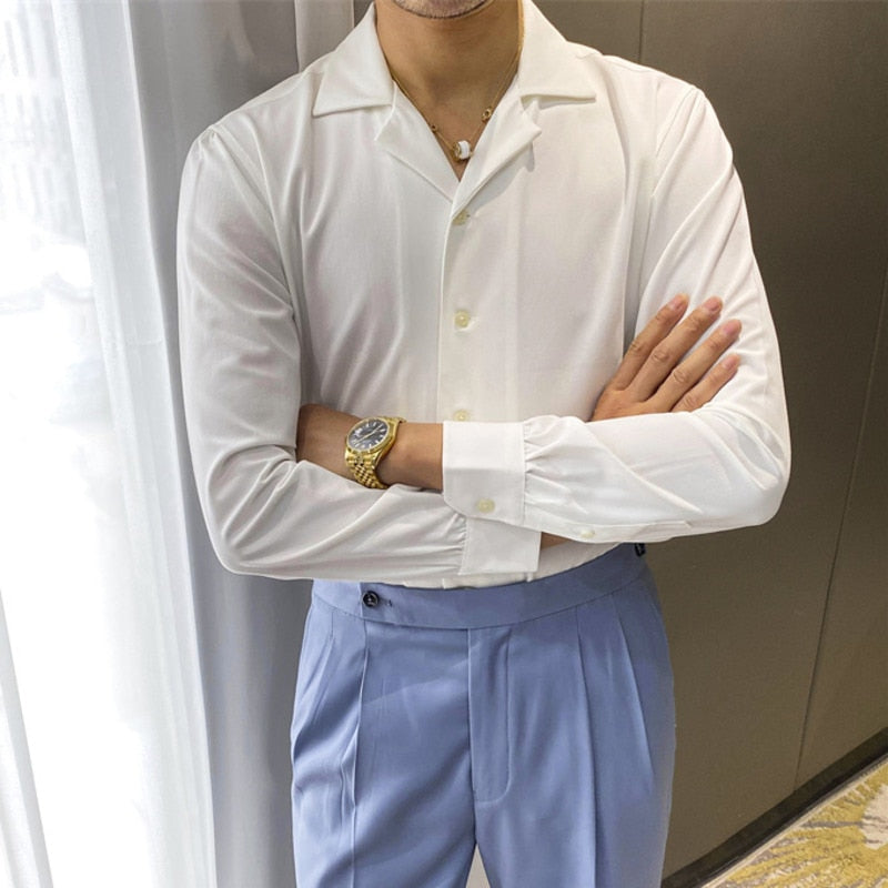 Basic Solid White Cuba Collar Style Shirt