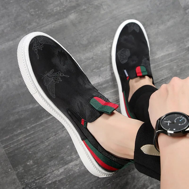 Black Printed Pattern Canvas Slip-On Shoes