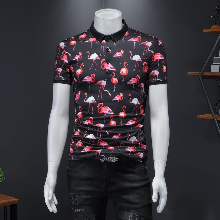 Full Flamingo Patterned Short-Sleeved Polo Shirt