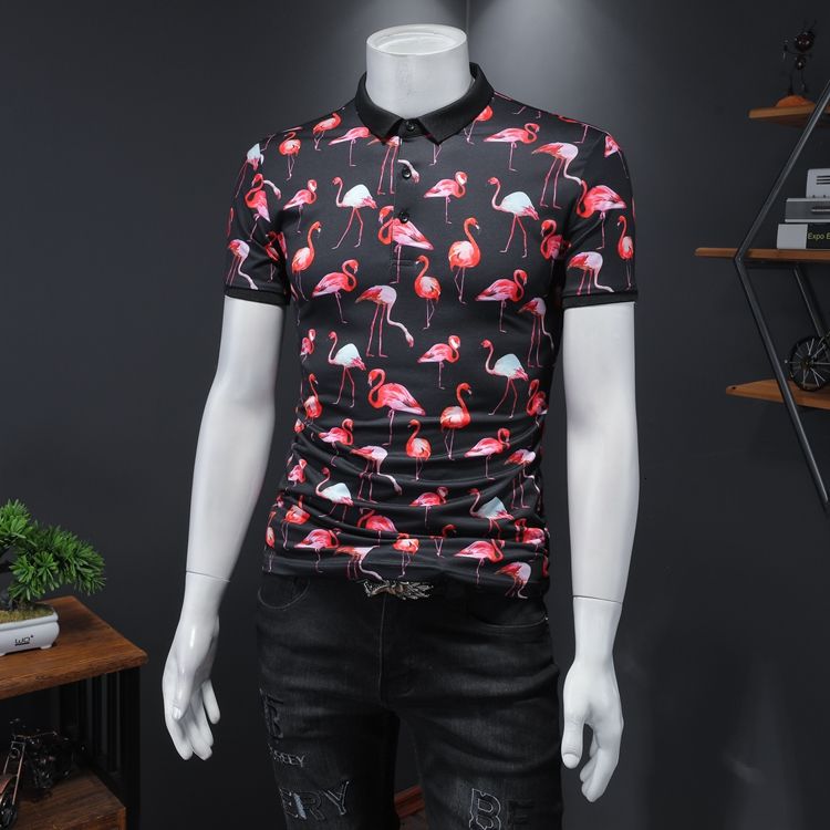 Full Flamingo Patterned Short-Sleeved Polo Shirt