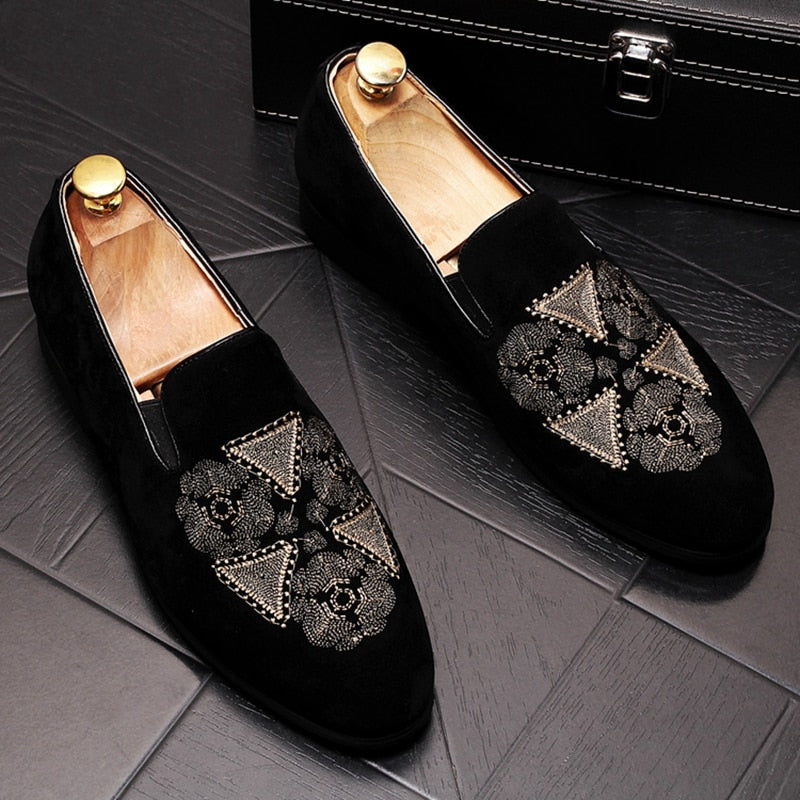 Black with Stitch Embroidery Design Men Loafers Shoes