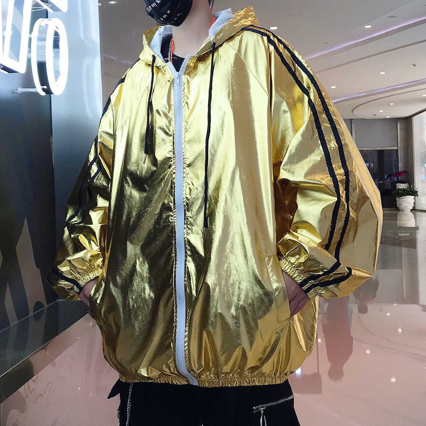 Golden Silver Casual Loose Streetwear Hip Hop Hooded Men Jacket