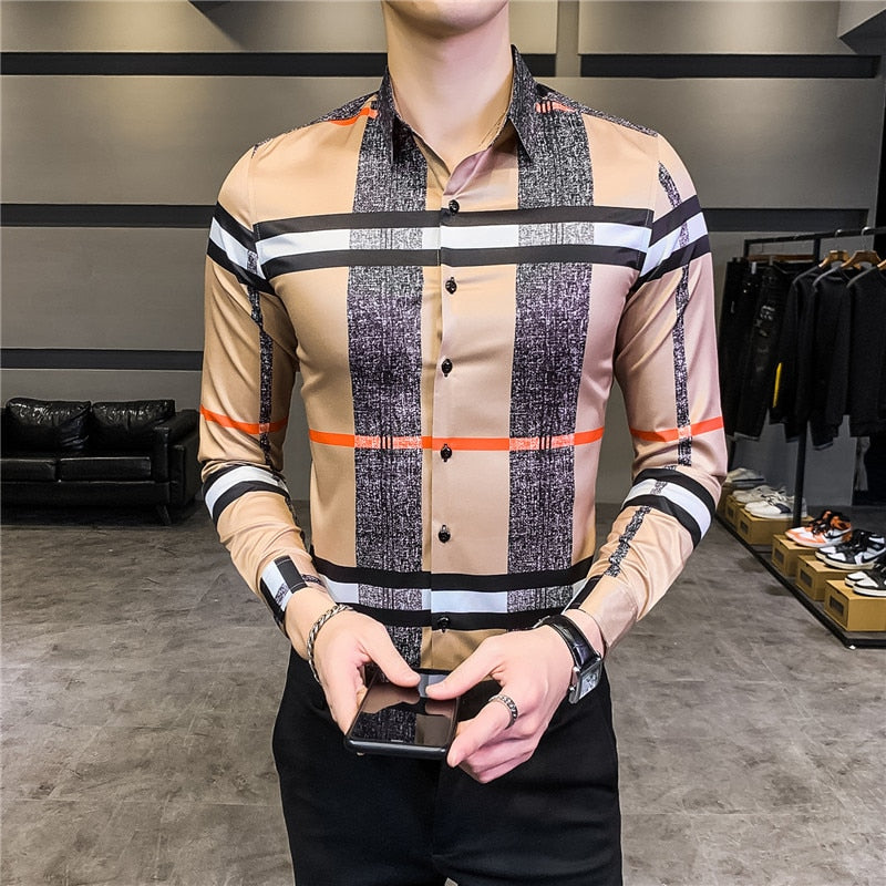 Luxury Print Long Sleeve Korean Design Casual Men Shirt