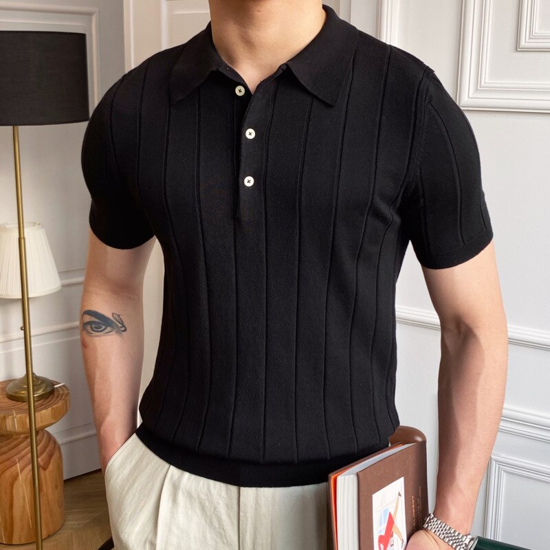 Striped Viscose Short Sleeve Polo Shirt