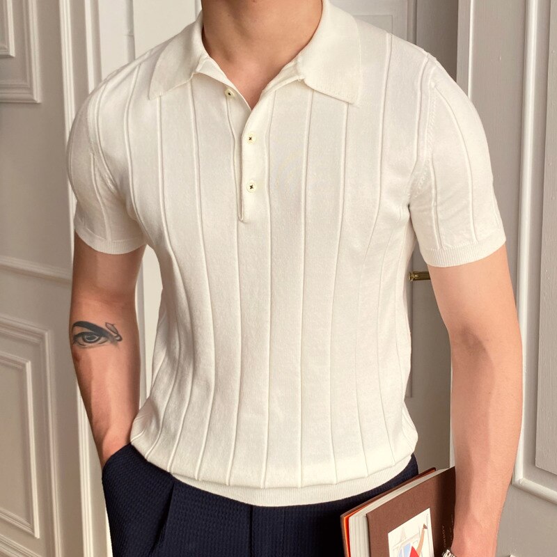 Striped Viscose Short Sleeve Polo Shirt