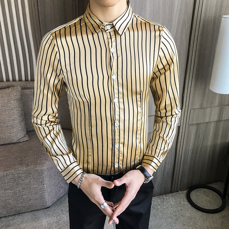 Striped Khaki White Long Sleeve Style Men Slim Fit Shirts