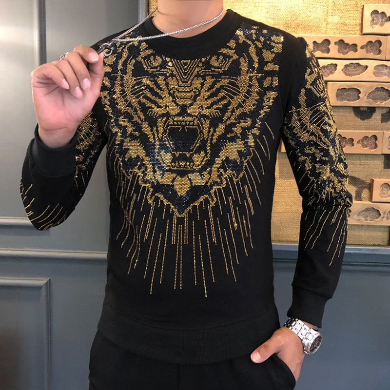 Black with Tiger Head Sequin Long Sleeves Casual Men Sweatshirt