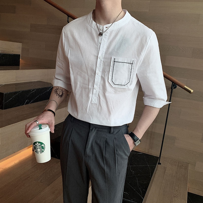 Solid Half-Sleeved Stand Collared Shirts