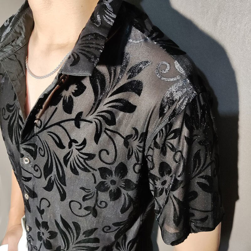 Transparent Flowers Pattern Velvet Shirt