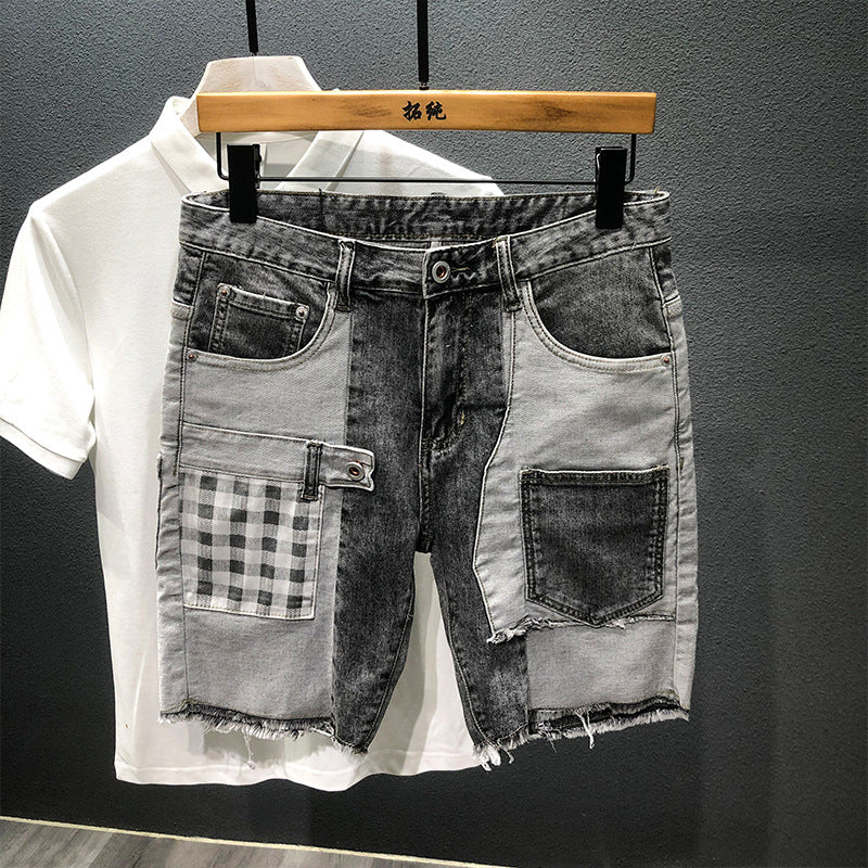 Gray Denim Patchwork Knee Length Short