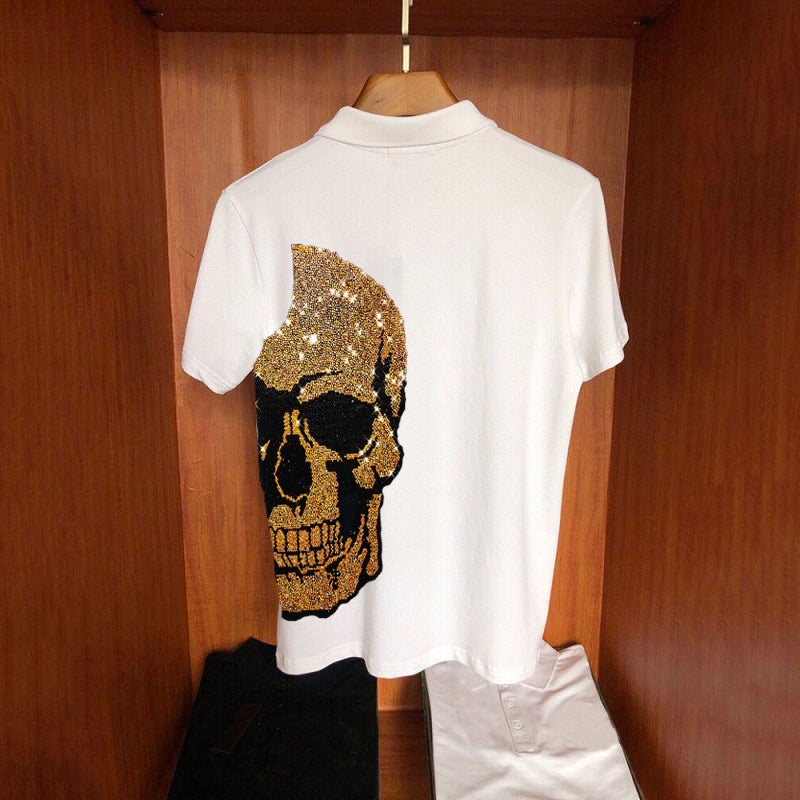 Hot Drill Skull Rhinestone Polo Shirt