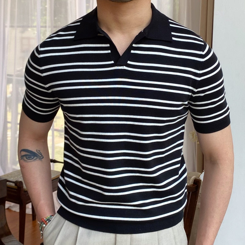 Knit Lapel Mannen Stripe Polo Shirt