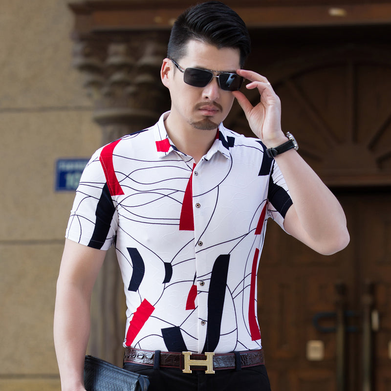 Geometric Art Print Men Slim Fit Short Sleeve Shirt - FanFreakz