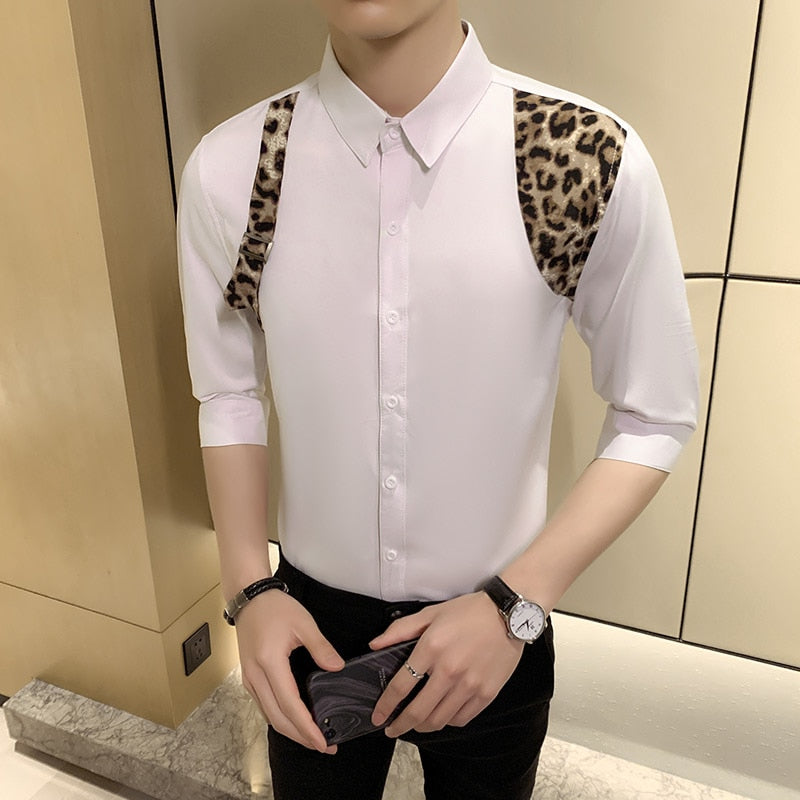 Leopard Print Patchwork Accent Men Monochrome Shirt