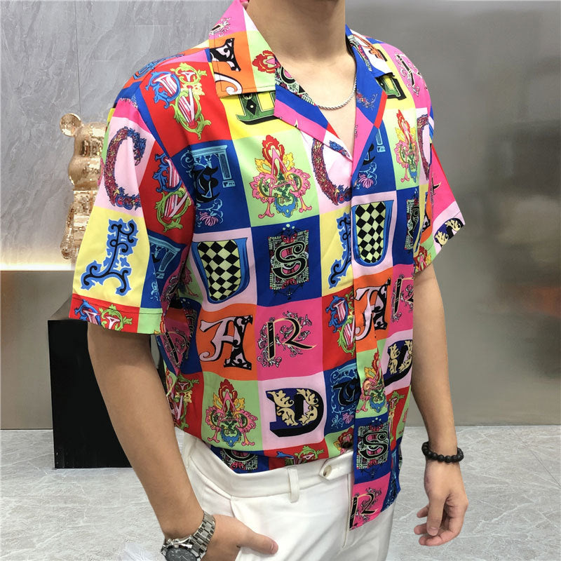 Retro Colorful Checkered Letter Print Shirt