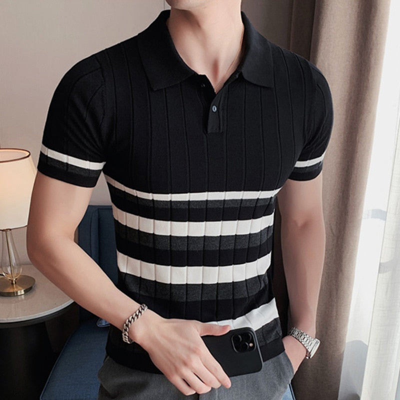 Cross Subtle Striped Knitted Short Sleeve Polo Shirt