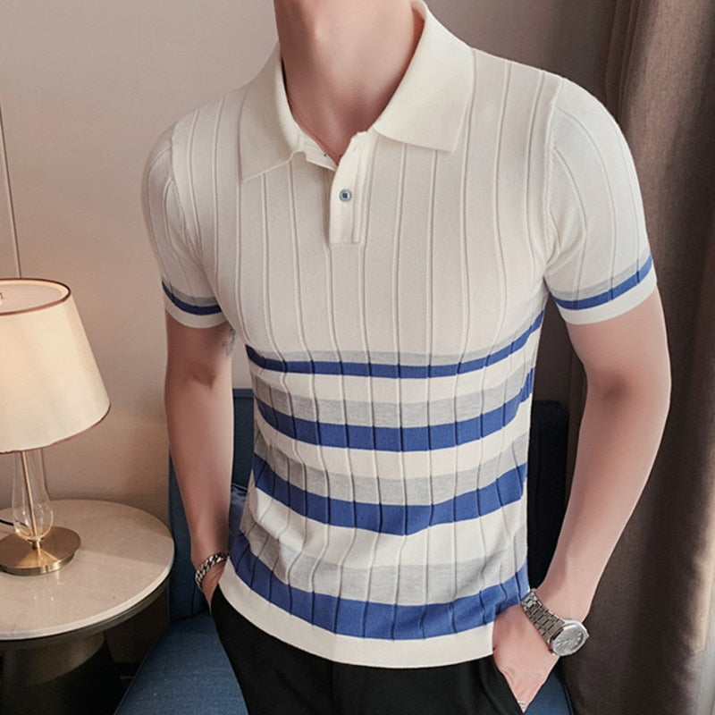 Cross Subtle Striped Knitted Short Sleeve Polo Shirt