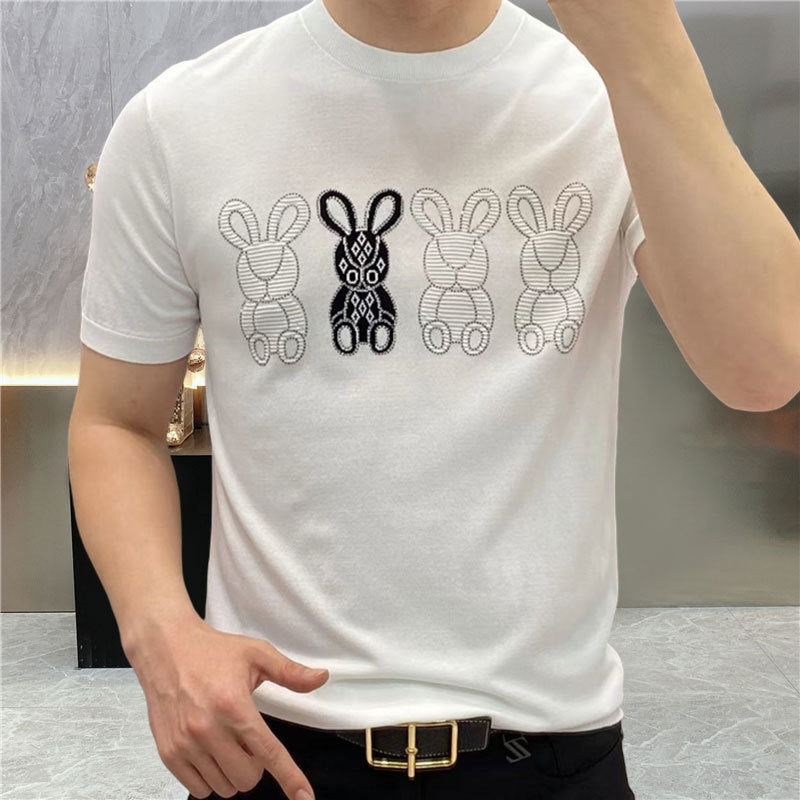 Three Rabbits Embroidery O-Neck T-Shirt