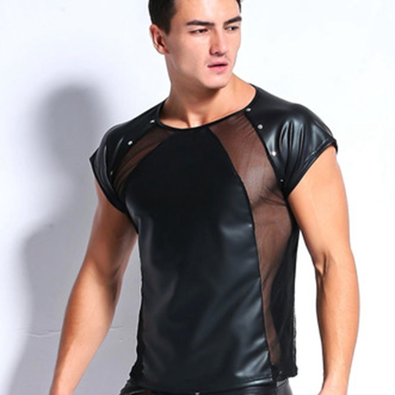 Black Sexy Mesh Short Sleeve Dance Style Men T-Shirt