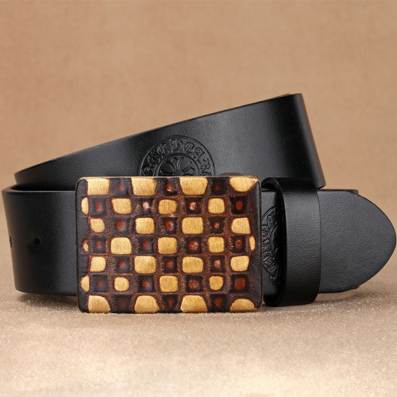 Embossed and Geometric Checkered Style Leather Belt