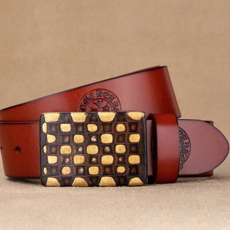 Embossed and Geometric Checkered Style Leather Belt