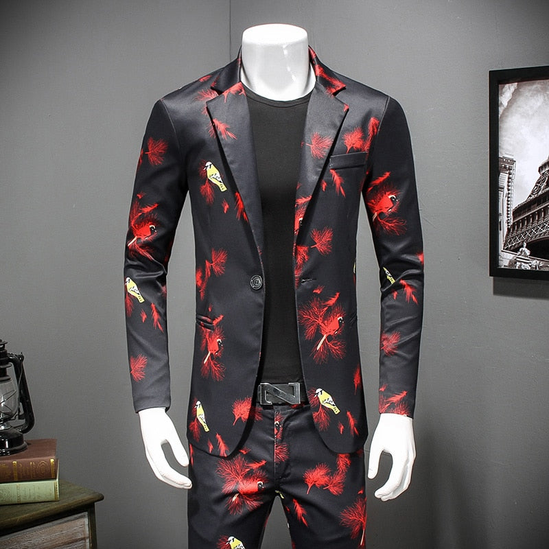 Black with Red Feather Print Suit Men Casual Blazer and Trouser