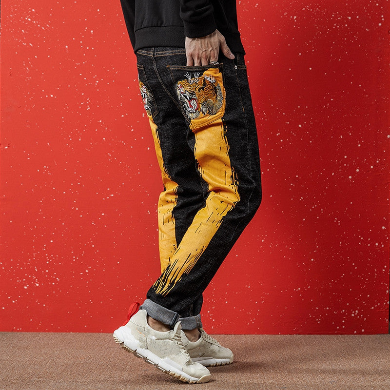 Growling Tiger Heads Embroidery Regular Jeans