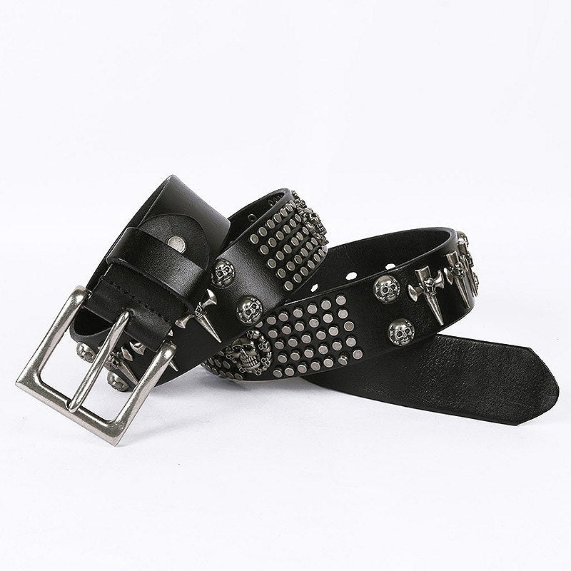 Luxurious Black Rock Skull Style Rivet Men Leather Belt